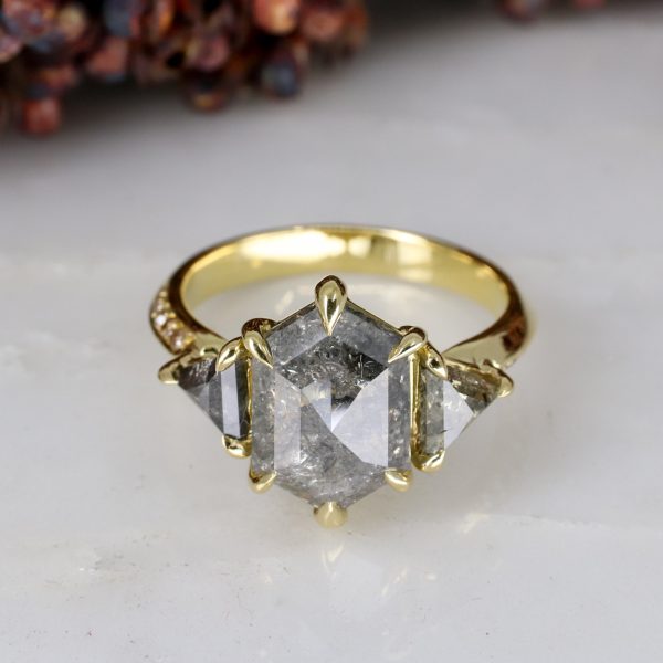 18ct yellow gold hexagon salt and pepper diamond trilogy ring