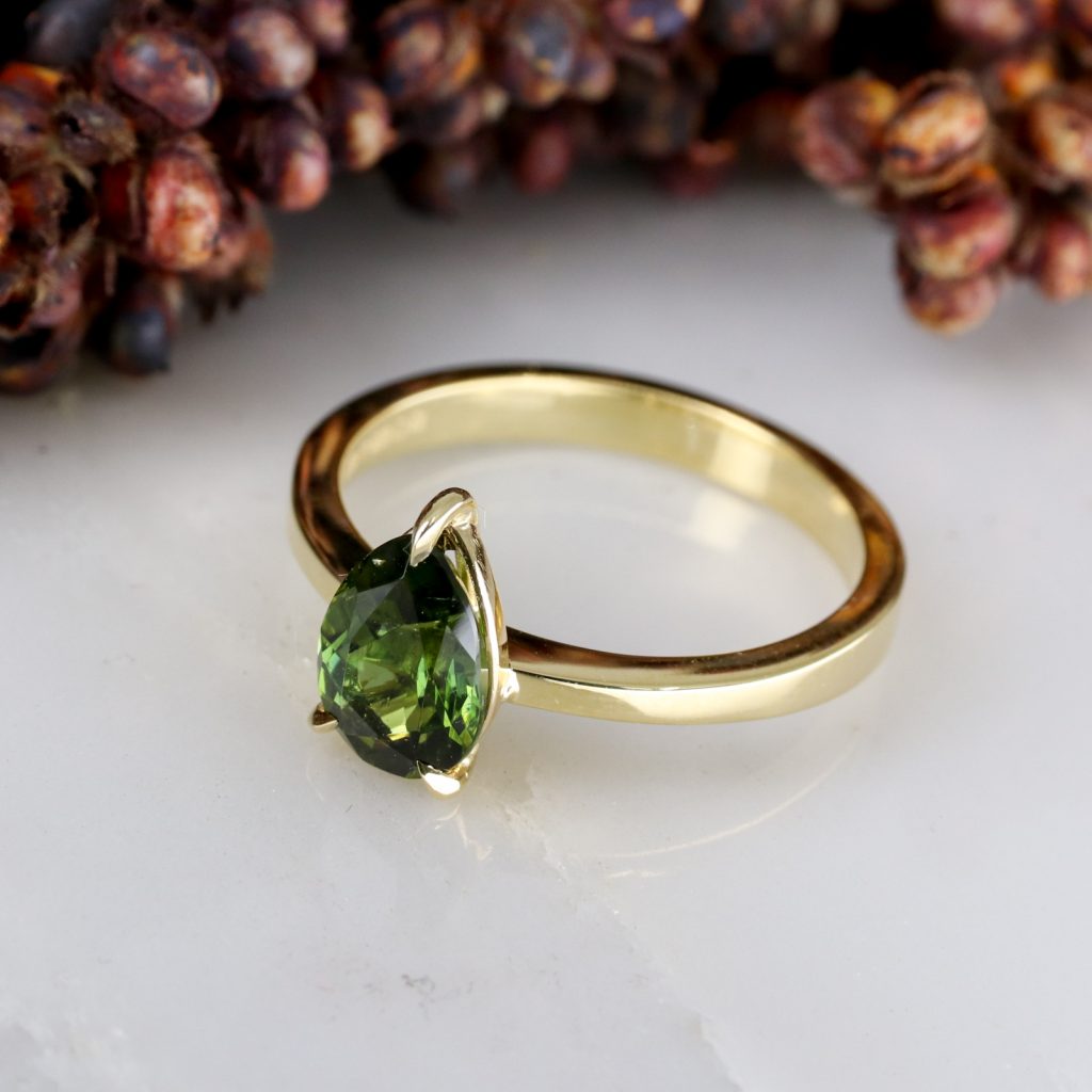 18ct yellow gold pear shape green tourmaline rise ring - Baroque Jewellery