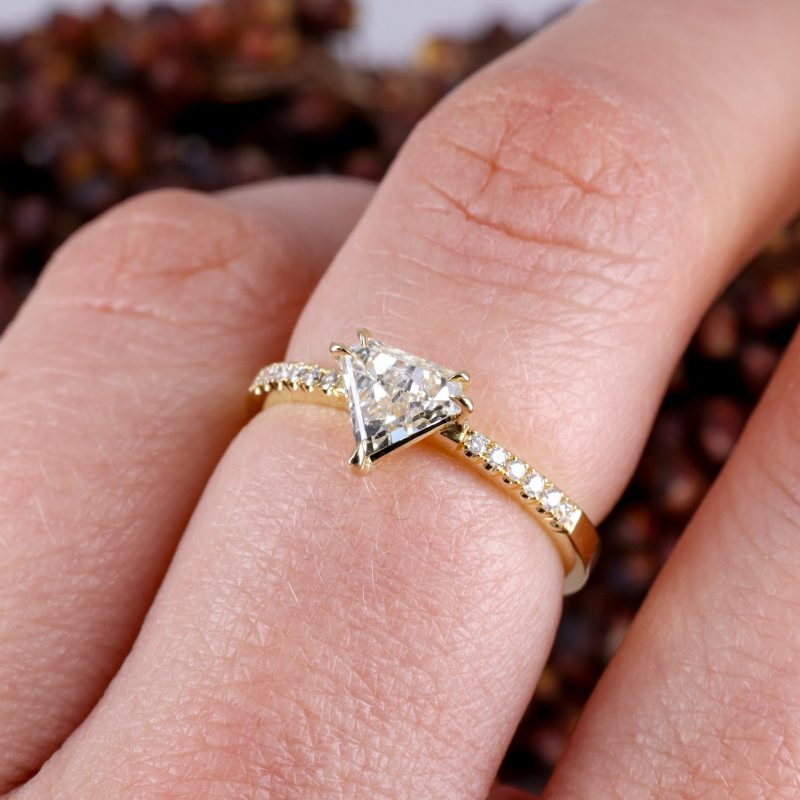 18ct yellow gold shield shape diamond rise ring with diamond shoulders