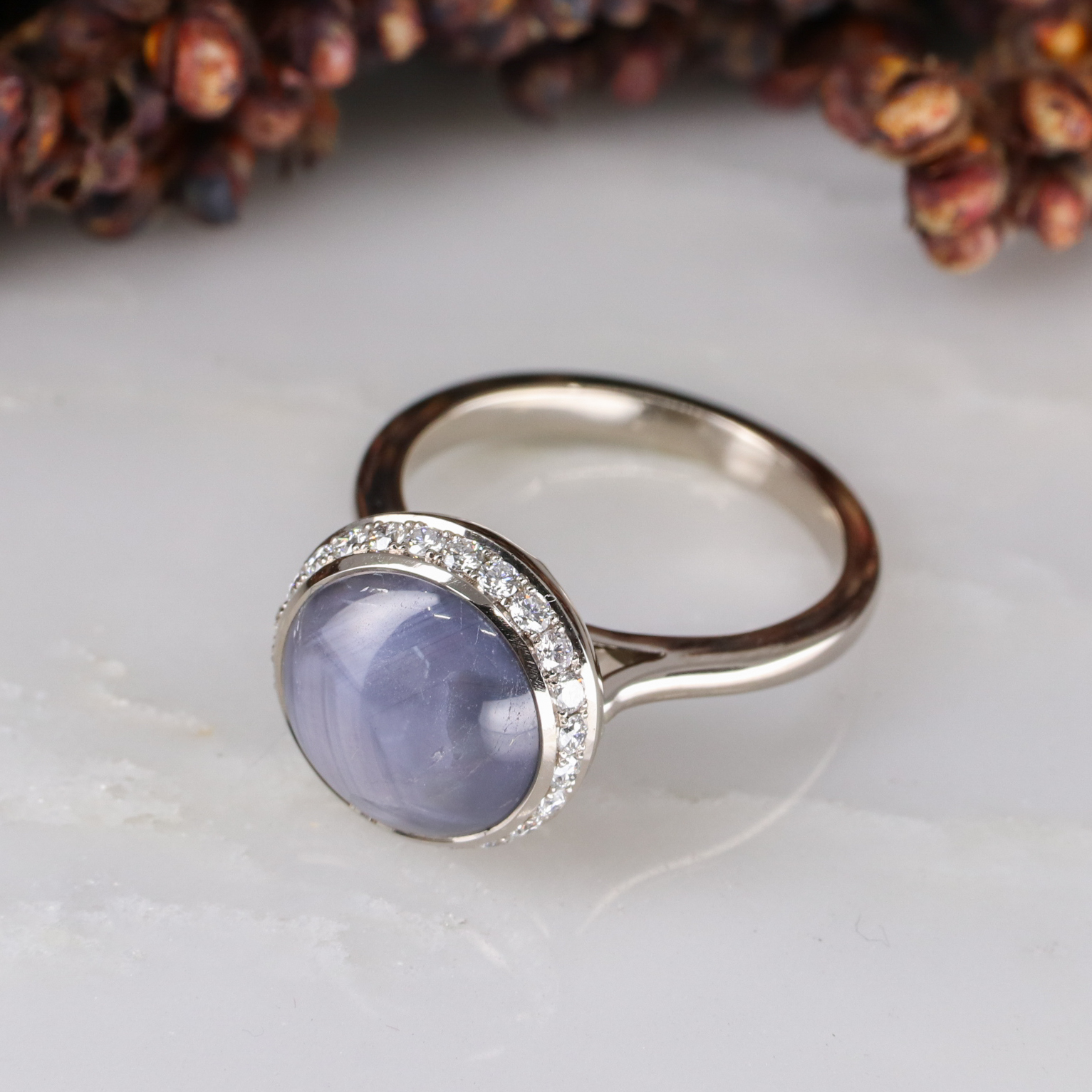 18W Star Sapphire ring with white diamond halo EXPORT 2