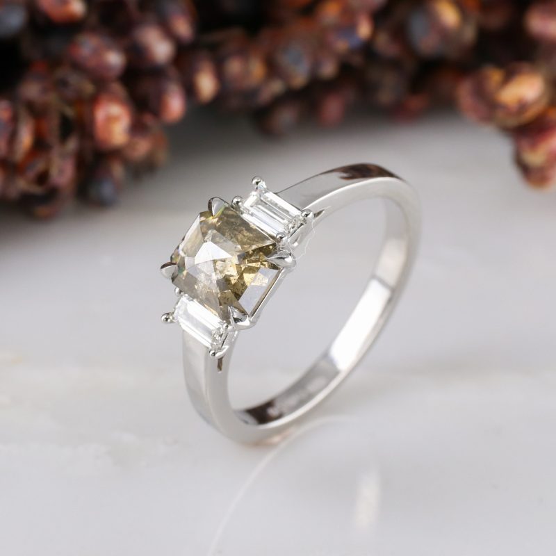 Platinum radiant cut champagne diamond and white diamond deco ring