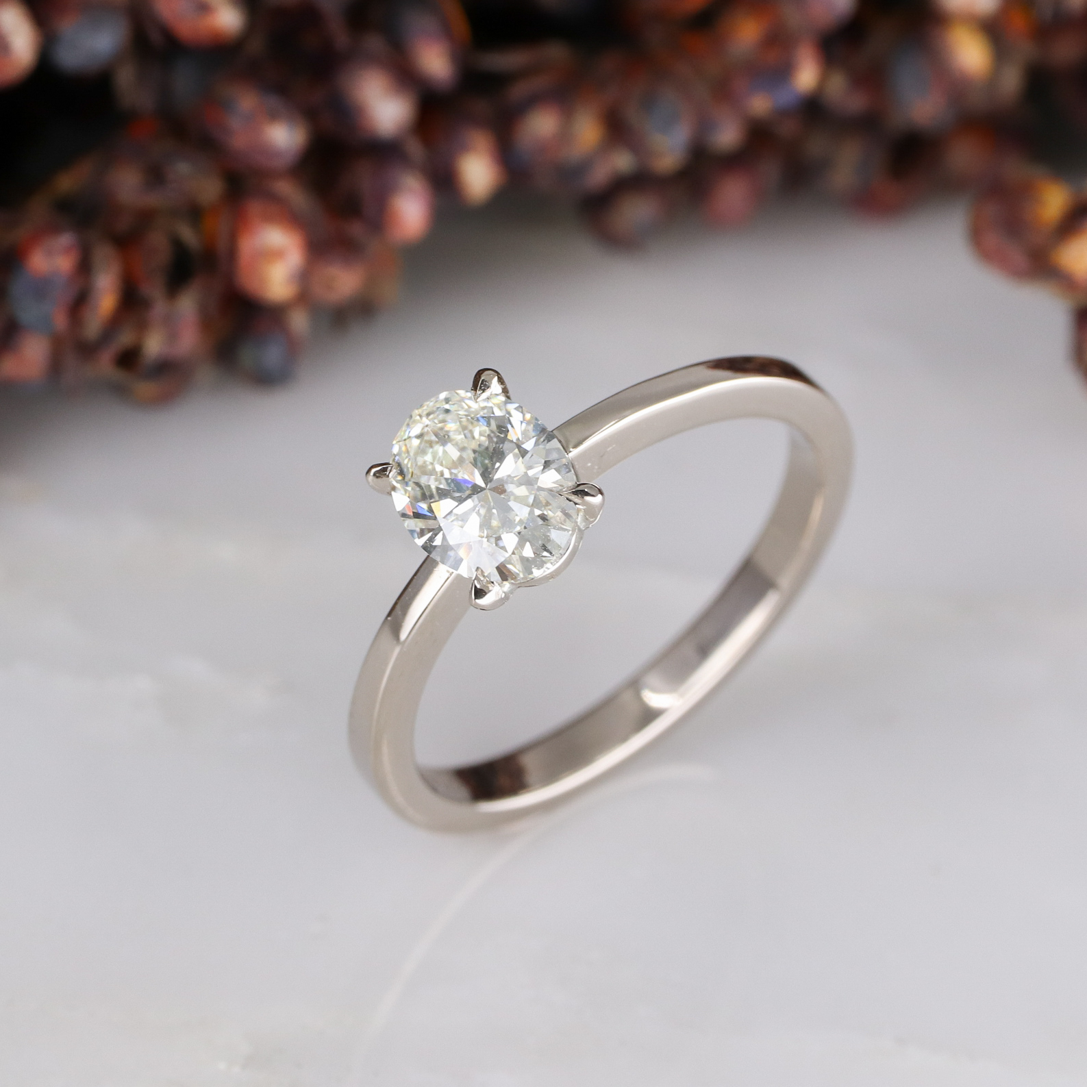 18ct white gold oval white diamond rise ring - Baroque Jewellery