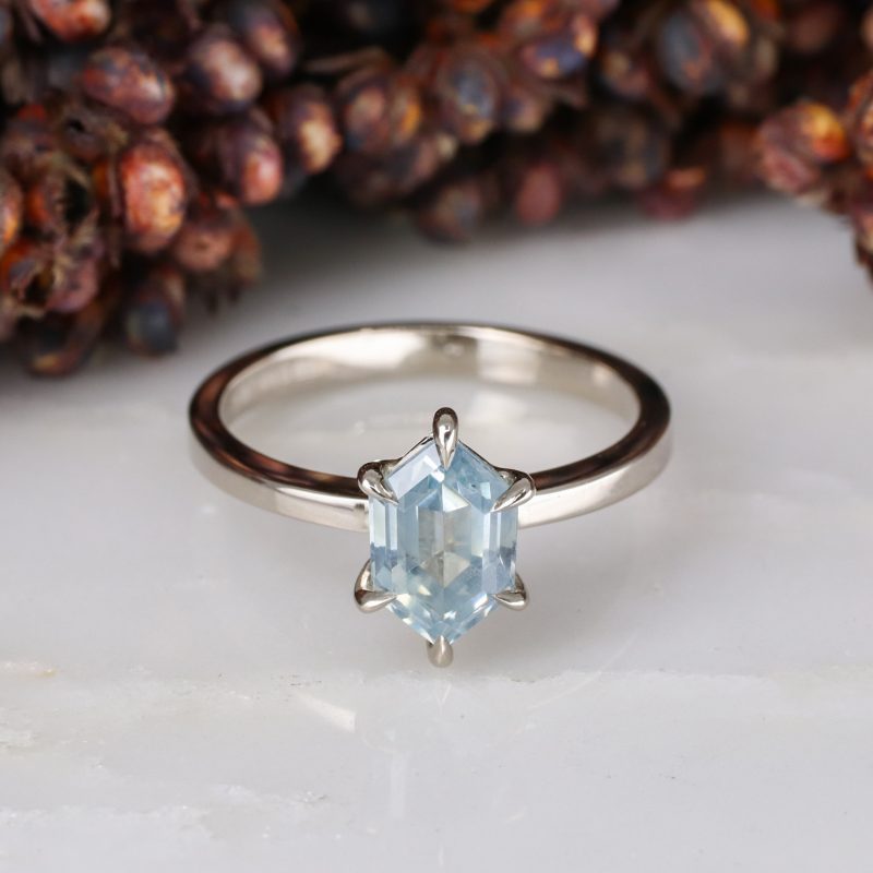 18ct white gold hexagon Montana sapphire rise ring