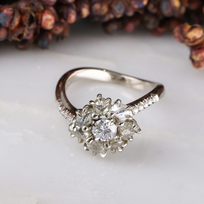 18ct white gold rough and cut diamond cluster ring