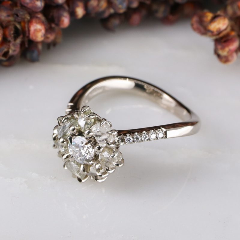 18ct white gold rough and cut diamond cluster ring