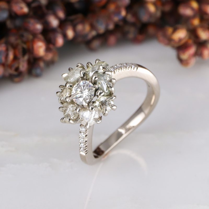 18ct white gold rough and cut diamond cluster ring