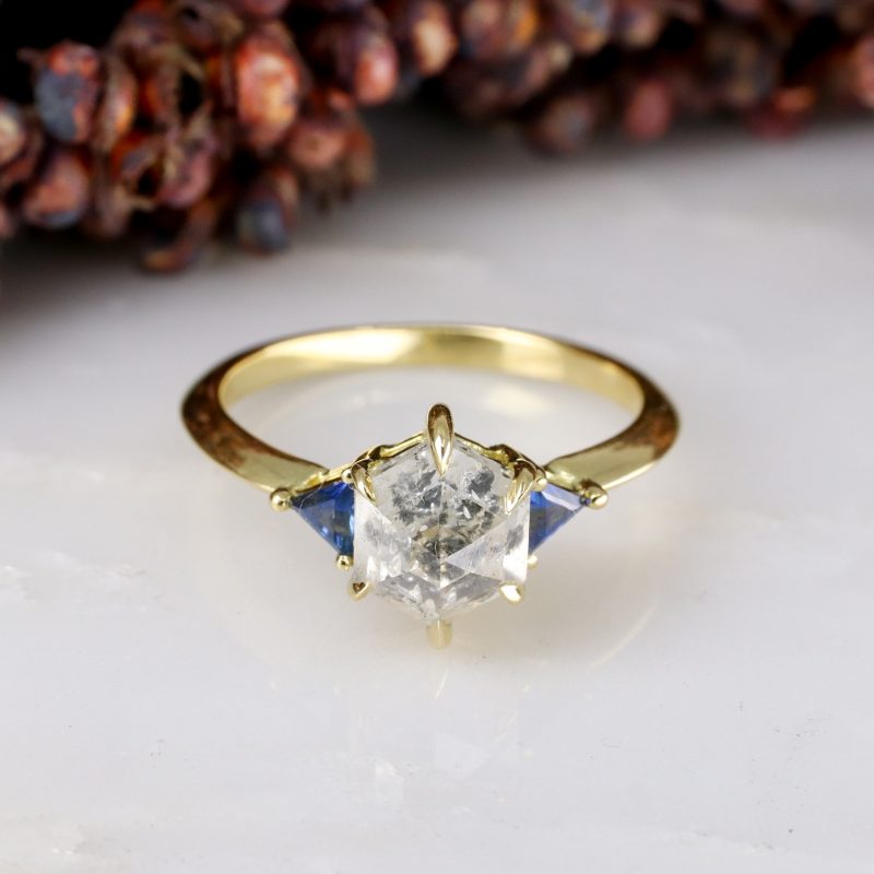 18ct yellow gold hexagon salt and pepper diamond and blue sapphire trilogy ring