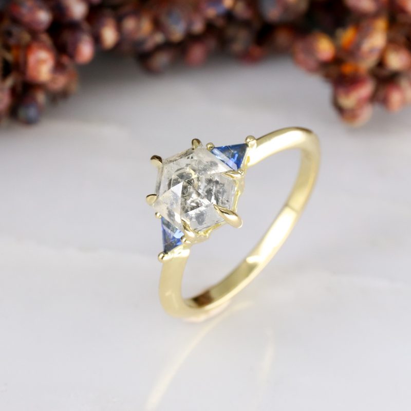 18ct yellow gold hexagon salt and pepper diamond and blue sapphire trilogy ring