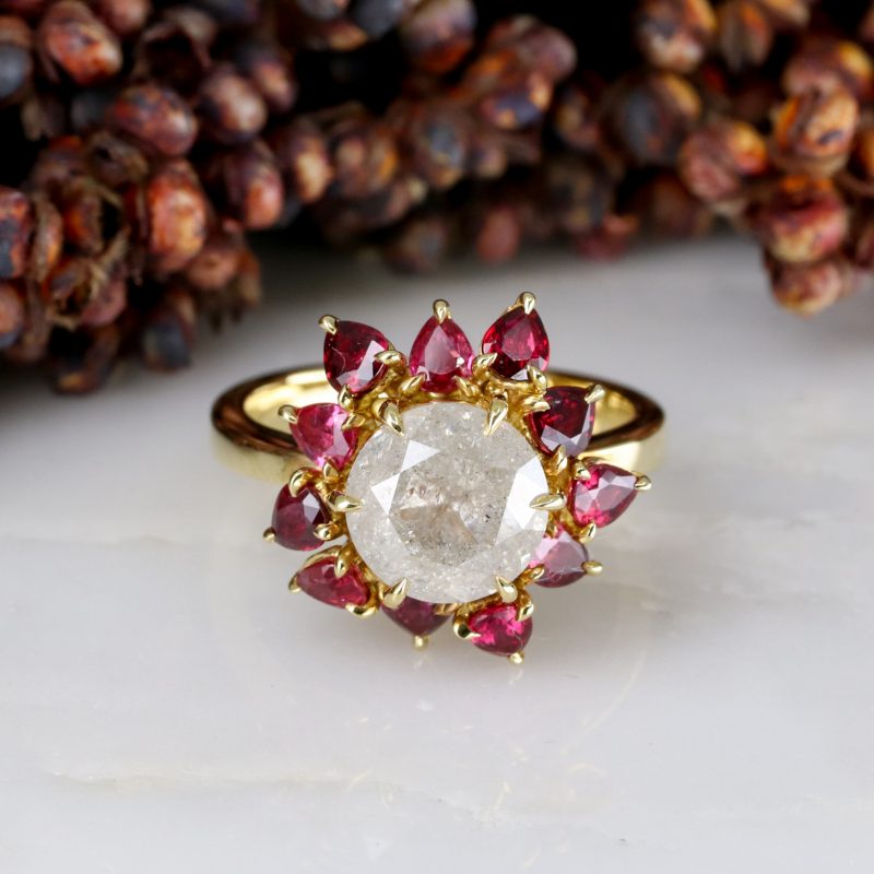 18ct yellow gold 2.87ct snowflake diamond and ruby sunflower ring