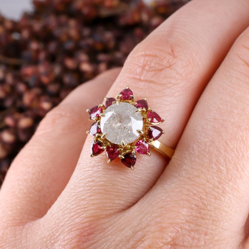 18ct yellow gold 2.87ct snowflake diamond and ruby sunflower ring