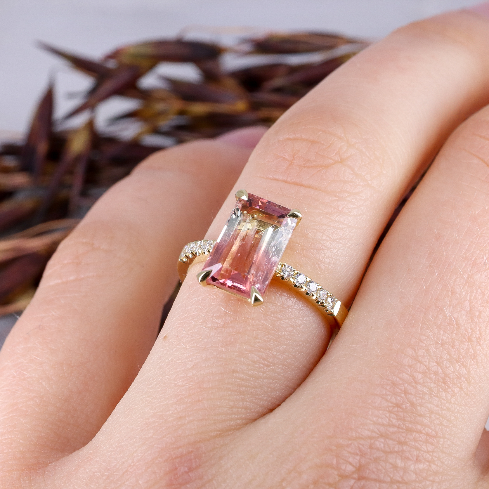 18ct yellow gold sunset tourmaline rise ring with white diamond ...