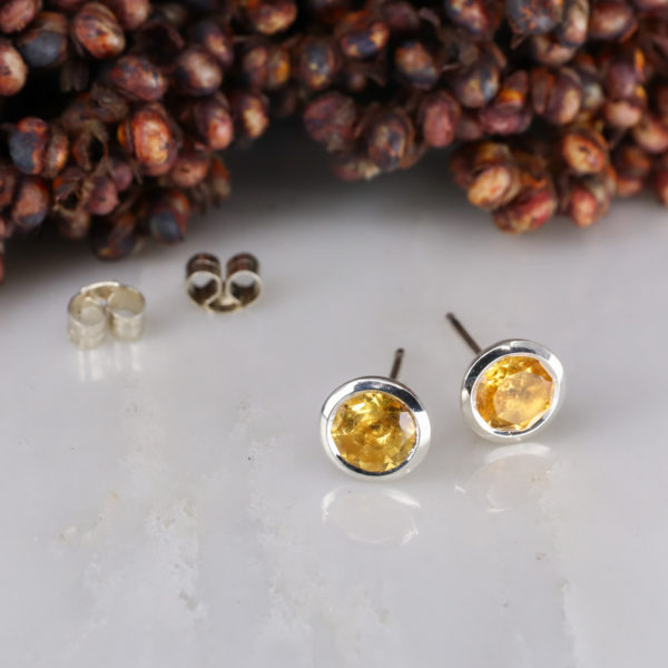 Silver rubover set citrine ear studs