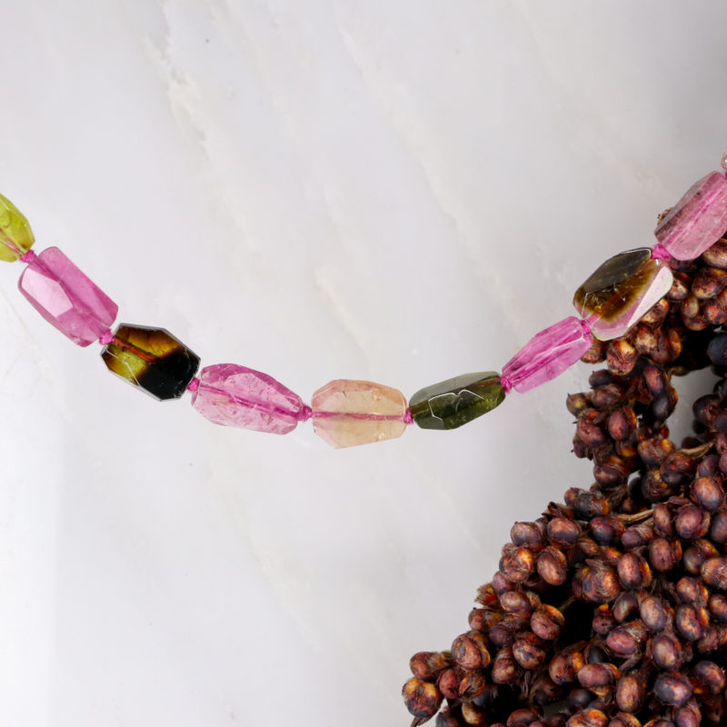 Watermelon tourmaline beaded necklace with 9ct gold clasp