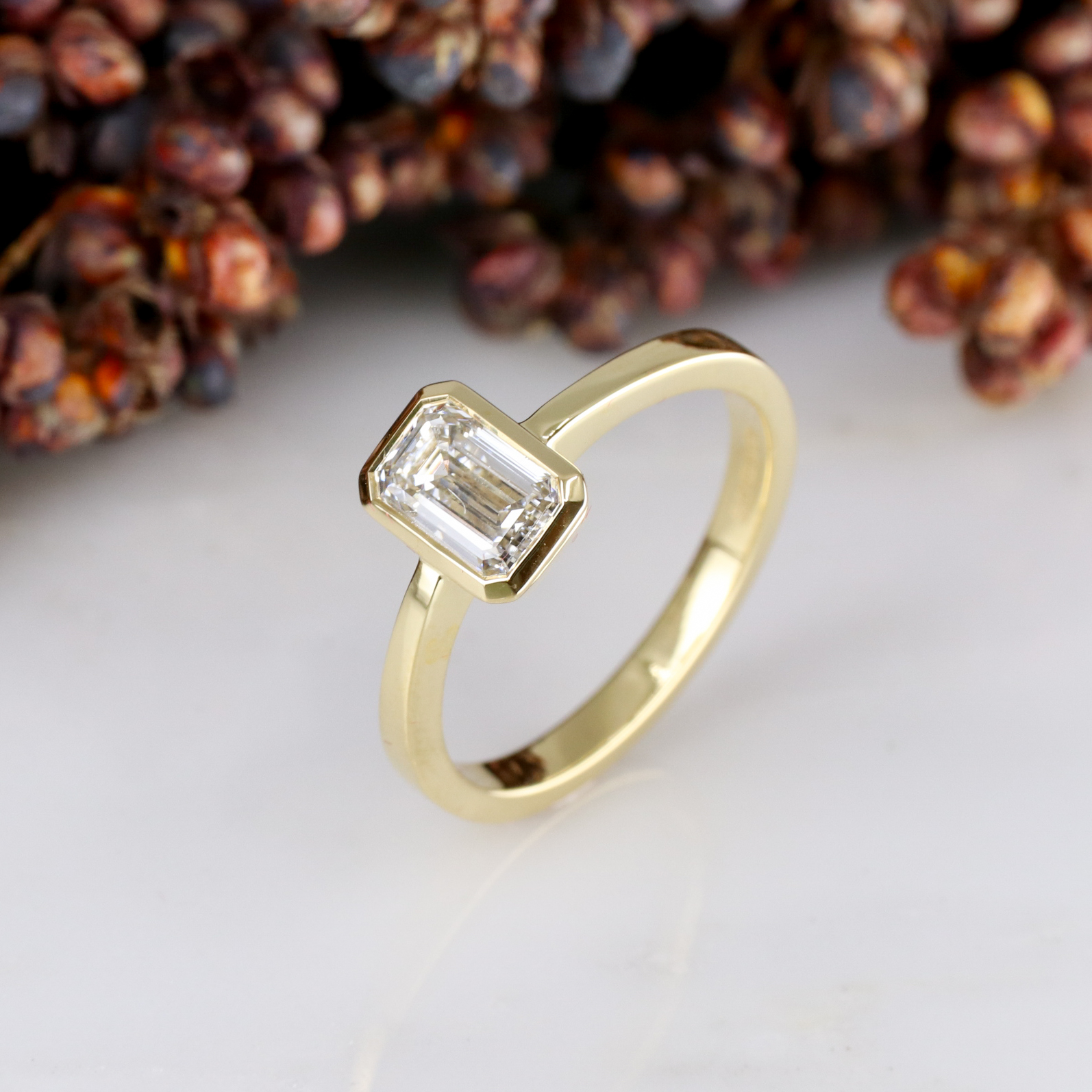 18ct yellow gold Emerald cut lab grown solitaire engagement ring Baroque Jewellery