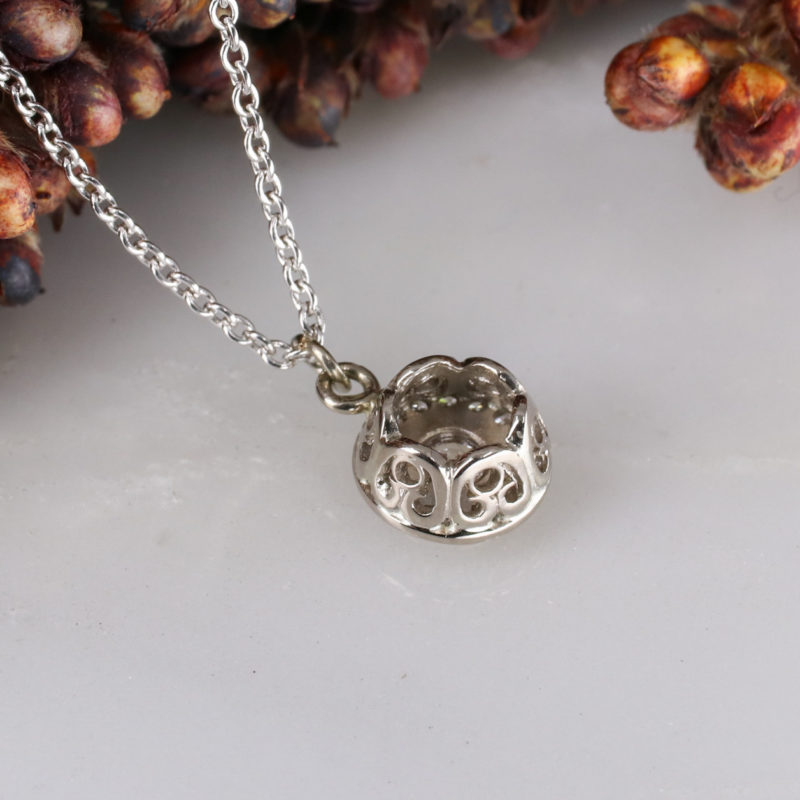 18ct white gold and white diamond molten filigree halo pendant
