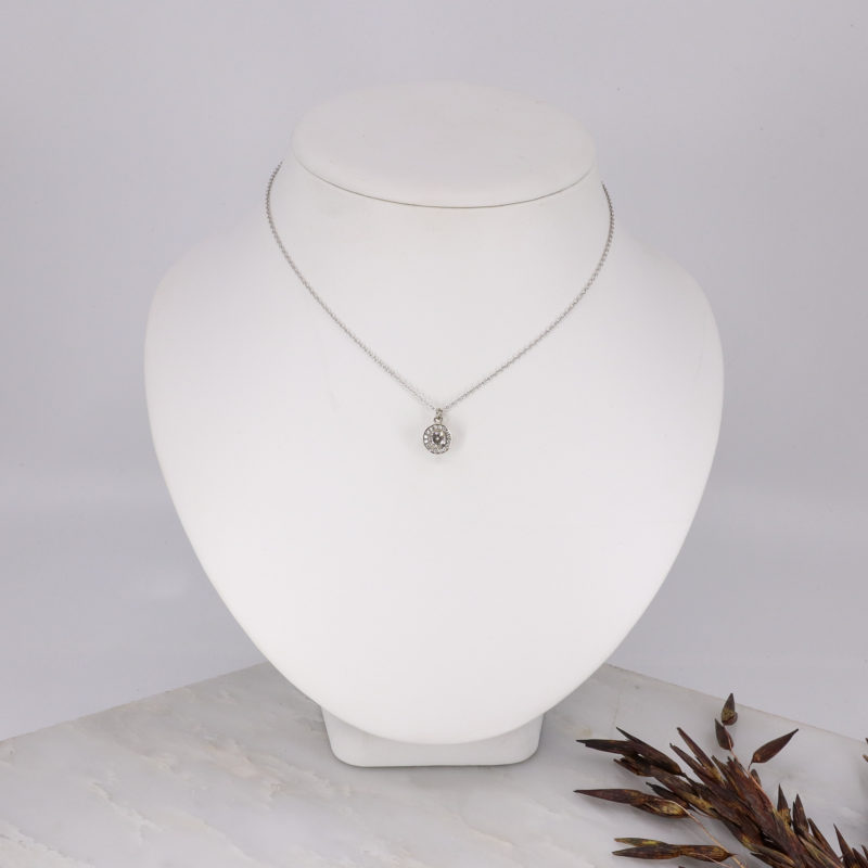 18ct white gold and white diamond molten filigree halo pendant