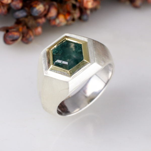 Silver and 18ct yellow gold Hexagon signet ring with Moss agate