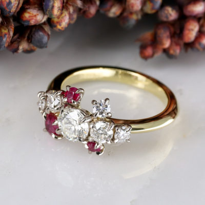 Custom constellation ring with diamonds and rubies