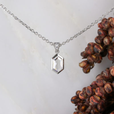 Pendant - Plat 0.56ct elongated rosecut hexagon diamond on fine chain and diamond set bale - EXPORT-4 Pendant - Plat 0.56ct elongated rosecut hexagon diamond on fine chain and diamond set bale - EXPORT-4