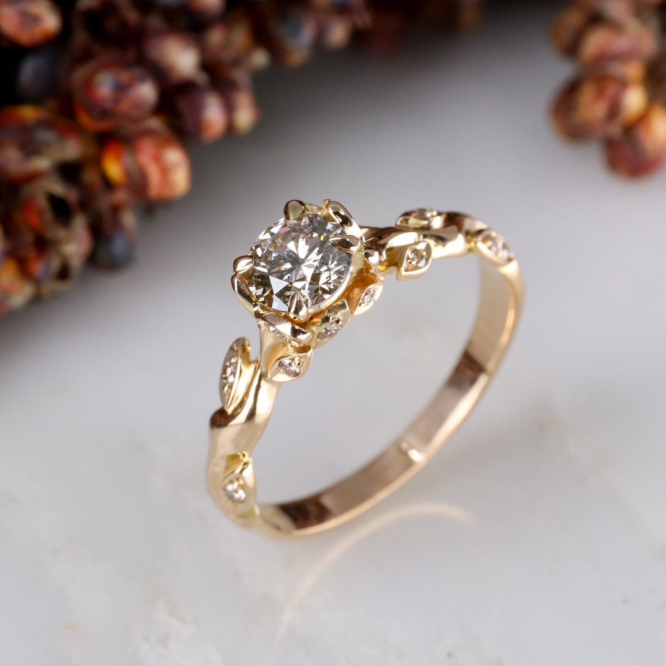 18ct rose gold champagne diamond Rose and Thorn engagement ring