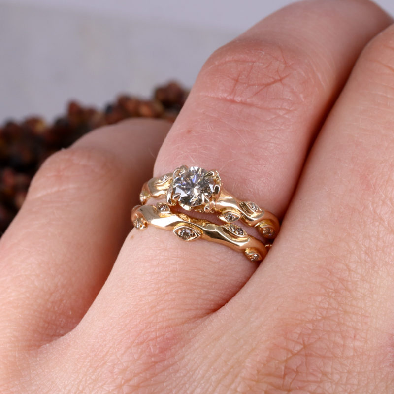 18ct rose gold and champagne diamond rose and thorn wedding band