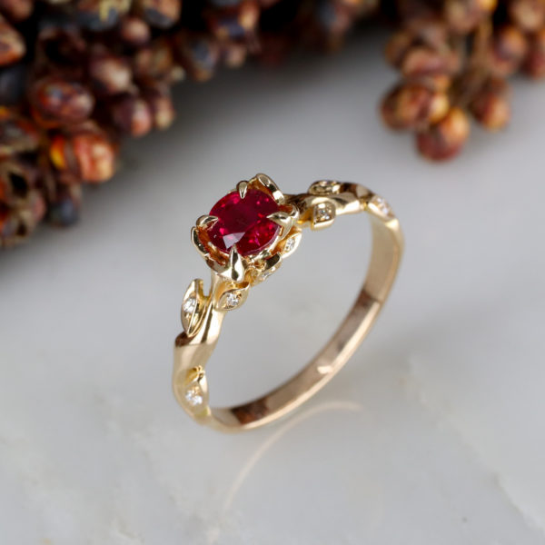 18ct rose gold ruby Rose and Thorn engagement ring