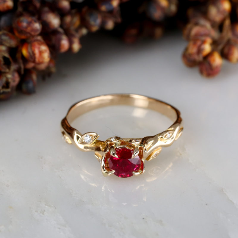 18ct rose gold ruby Rose and Thorn engagement ring
