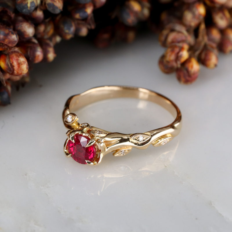 18ct rose gold ruby Rose and Thorn engagement ring