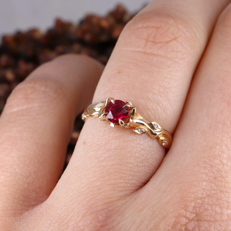 18ct rose gold ruby Rose and Thorn engagement ring