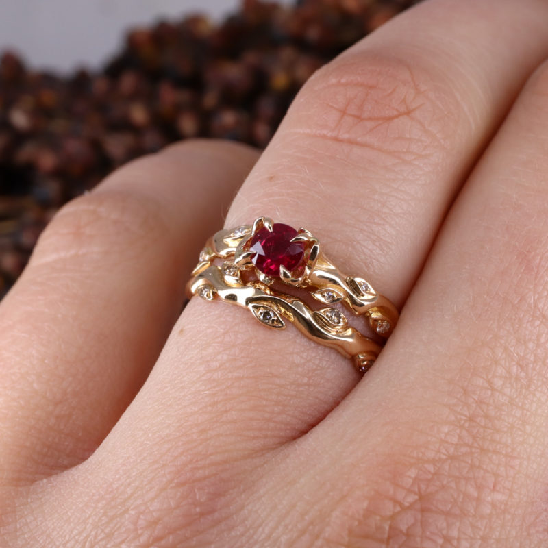 18ct rose gold ruby Rose and Thorn engagement ring
