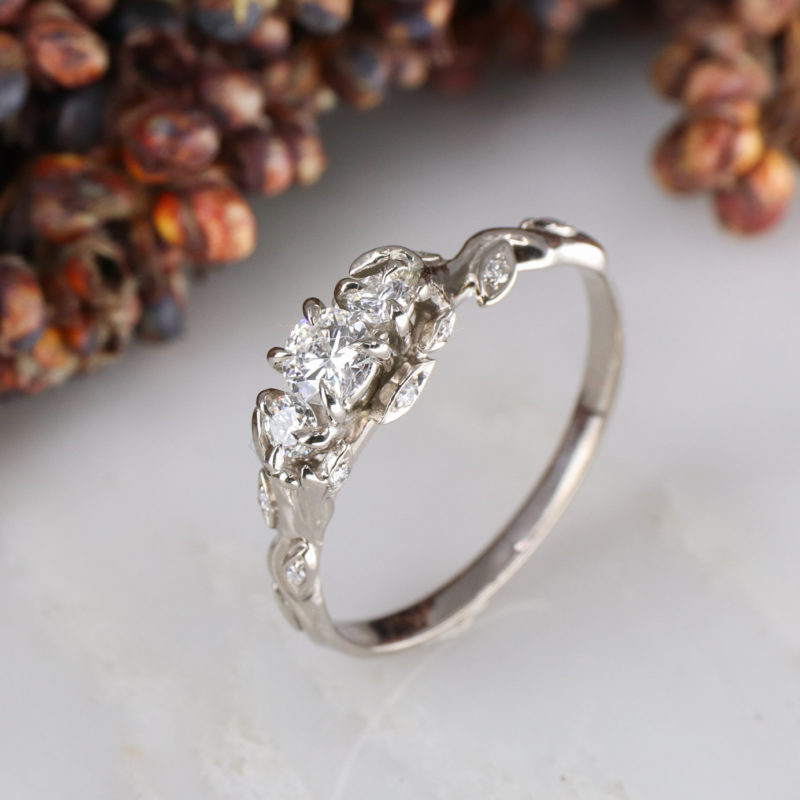 18ct white gold Rose and Thorn trilogy engagement ring