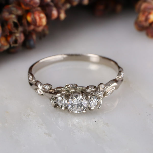 18ct white gold Rose and Thorn trilogy engagement ring