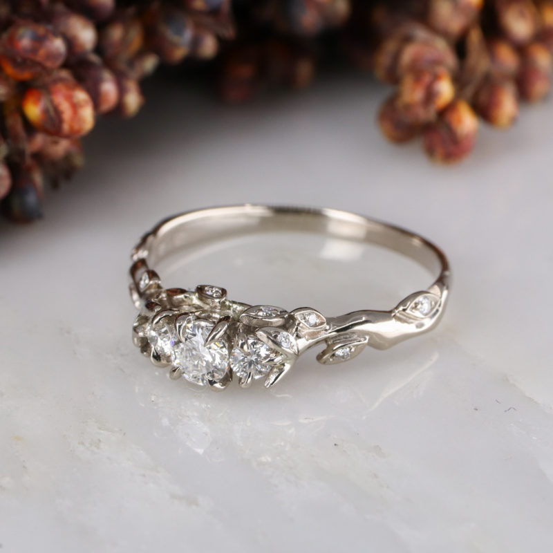 18ct white gold Rose and Thorn trilogy engagement ring