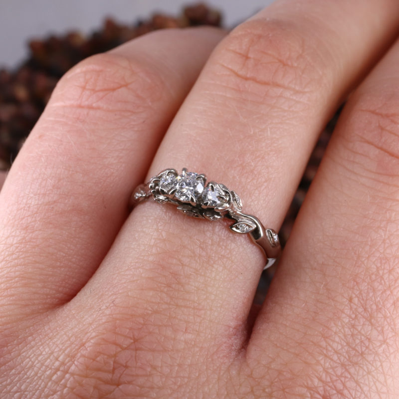 18ct white gold Rose and Thorn trilogy engagement ring
