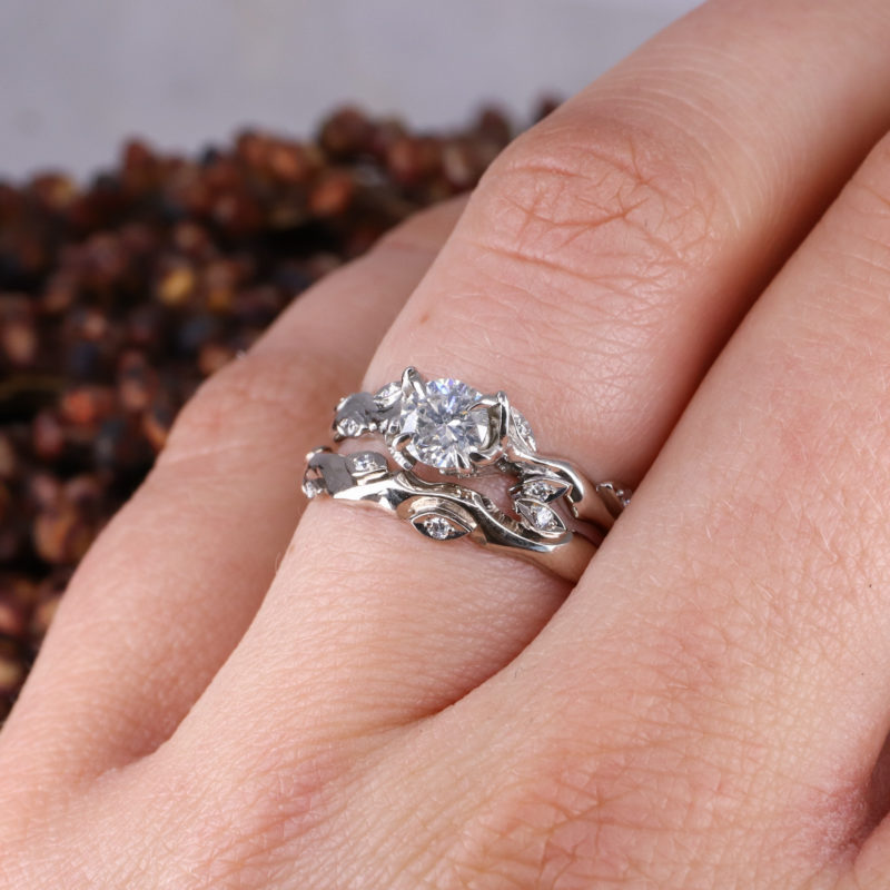 18ct white gold and white diamond rose and thorn wedding band