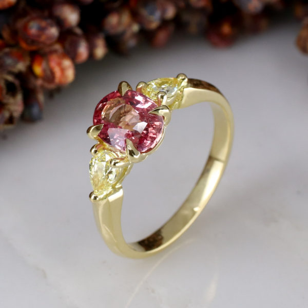 18ct yellow gold Coco Pink sapphire and Yellow diamond trilogy ring