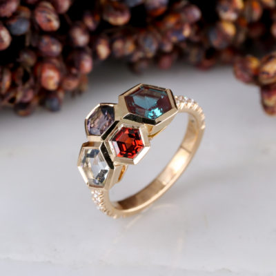 Custom multistone ring with Alexandrite, garnet, aquamarine and diamonds Custom multistone ring with Alexandrite, garnet, aquamarine and diamonds