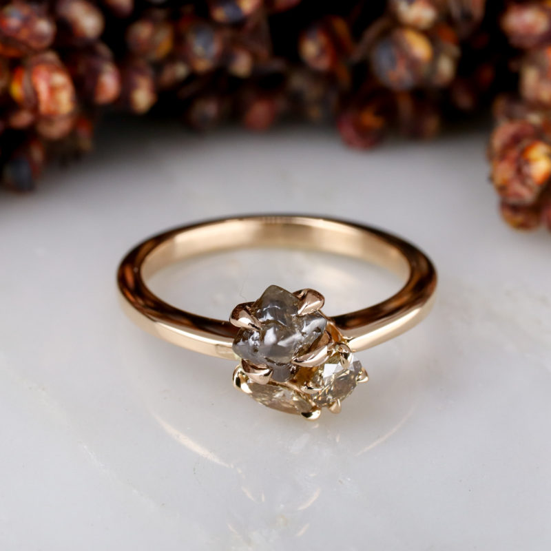 18ct rose gold trilogy cluster with rough and cut brown diamonds