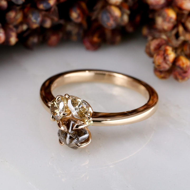18ct rose gold trilogy cluster with rough and cut brown diamonds