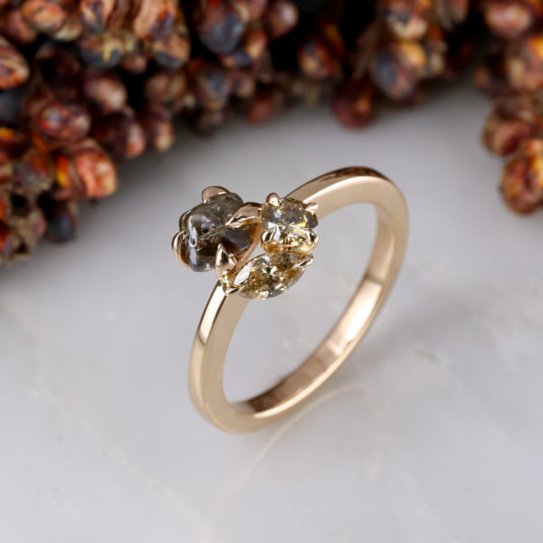 18ct rose gold trilogy cluster with rough and cut brown diamonds