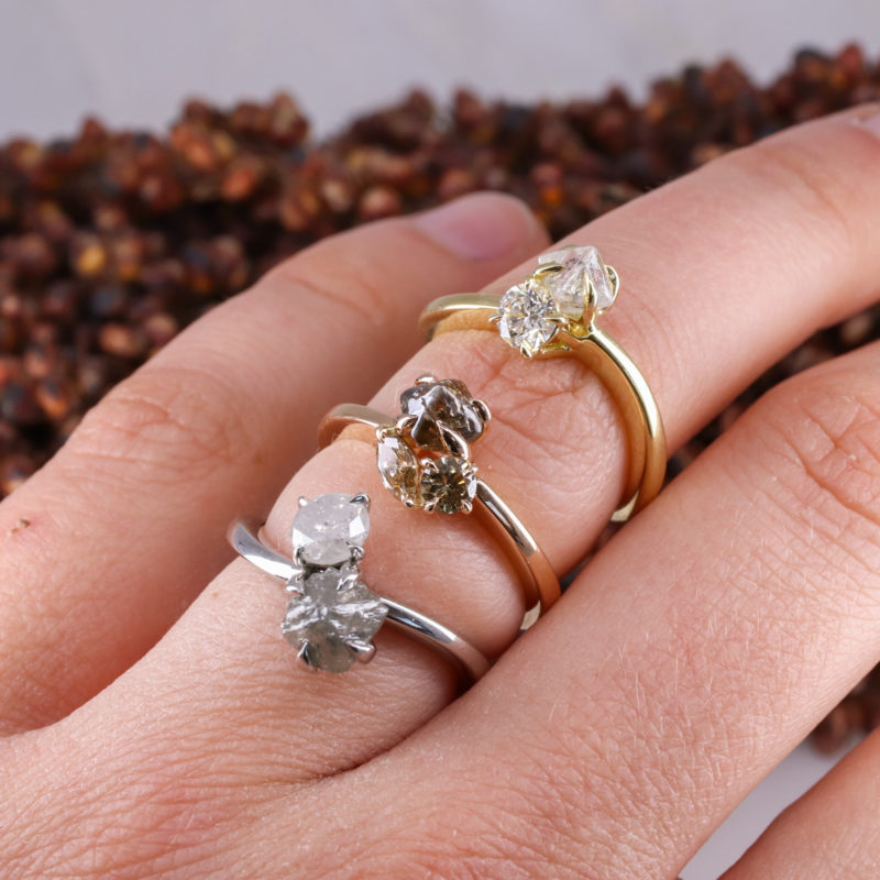 18ct rose gold trilogy cluster with rough and cut brown diamonds
