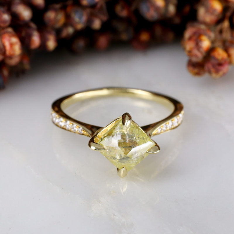 18ct yellow gold rough yellow diamond solitaire ring with pave diamond shoulders