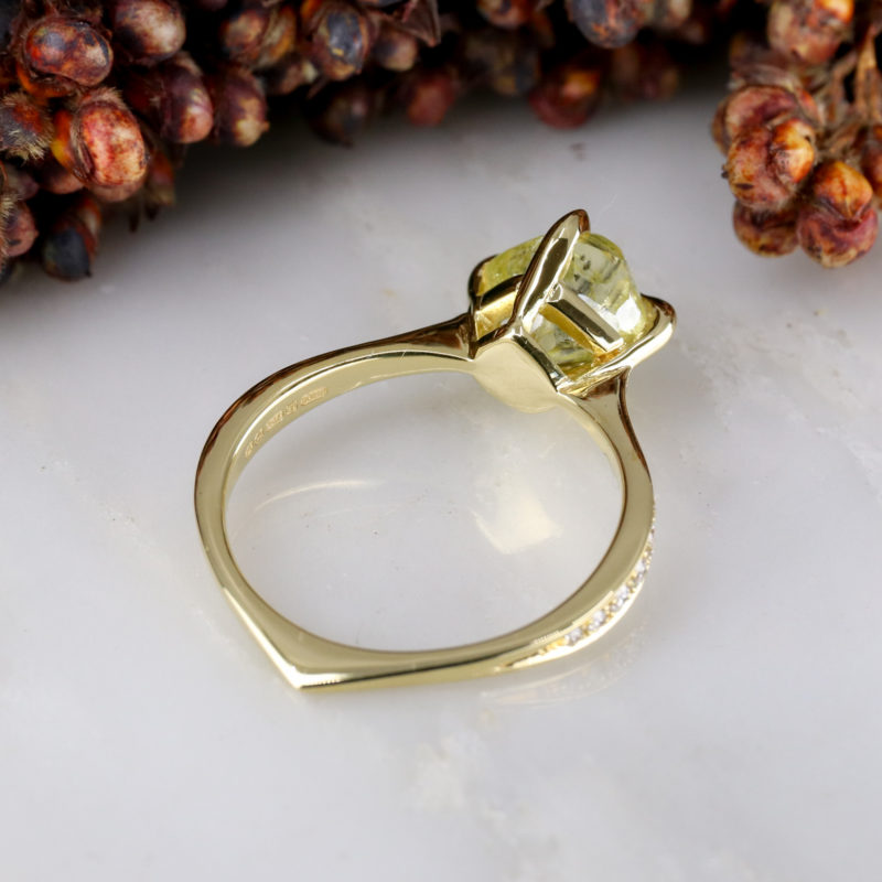18ct yellow gold rough yellow diamond solitaire ring with pave diamond shoulders