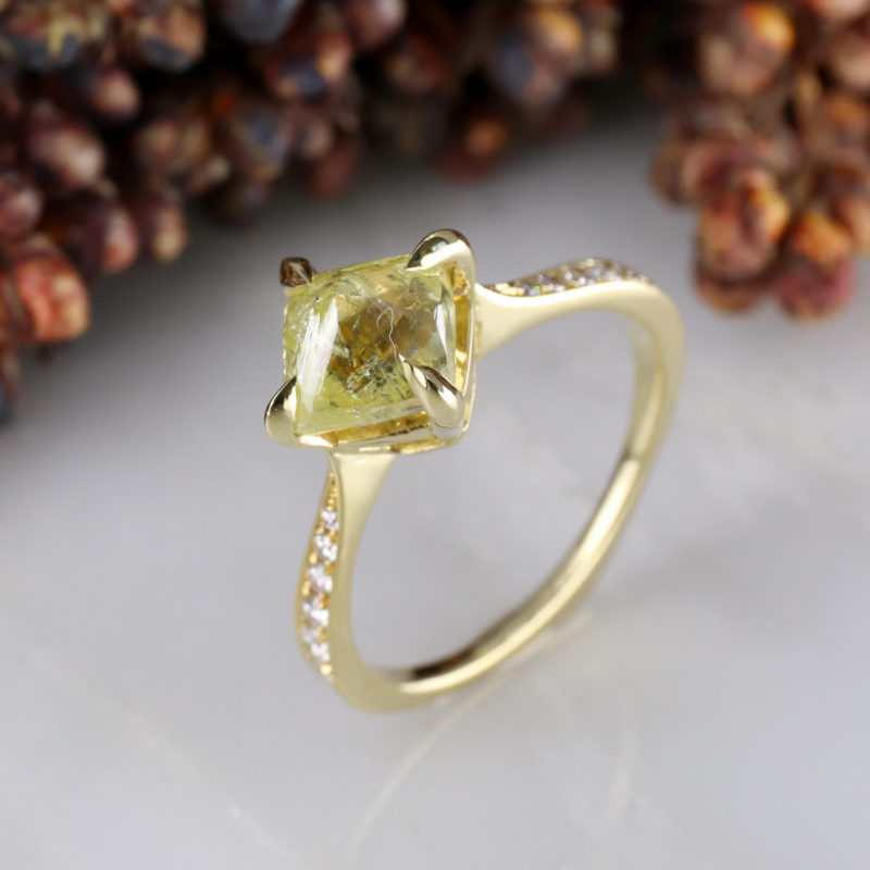 18ct yellow gold rough yellow diamond solitaire ring with pave diamond shoulders