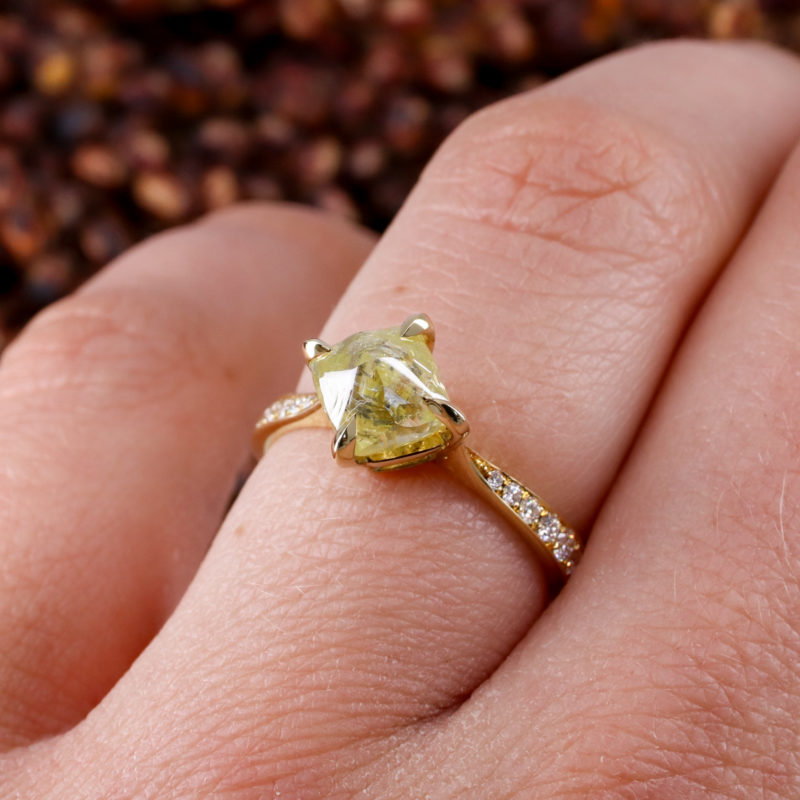 18ct yellow gold rough yellow diamond solitaire ring with pave diamond shoulders