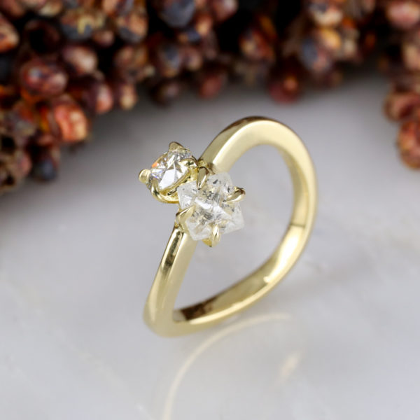 18ct yellow gold rough and cut white diamond toi et moi ring