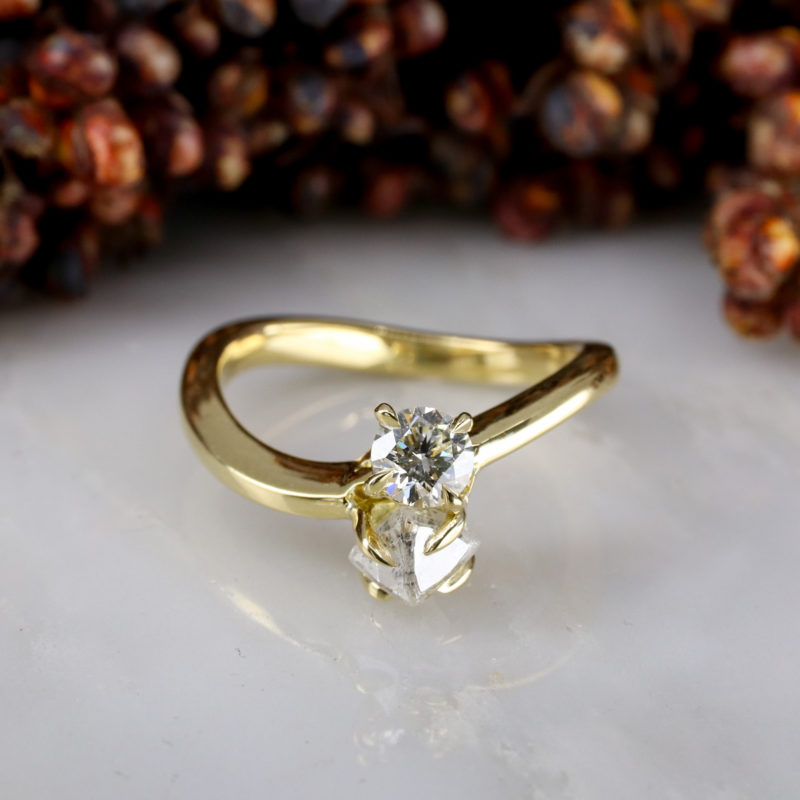 18ct yellow gold rough and cut white diamond toi et moi ring