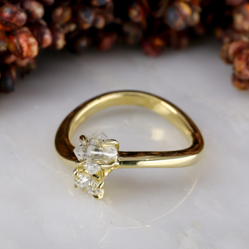 18ct yellow gold rough and cut white diamond toi et moi ring