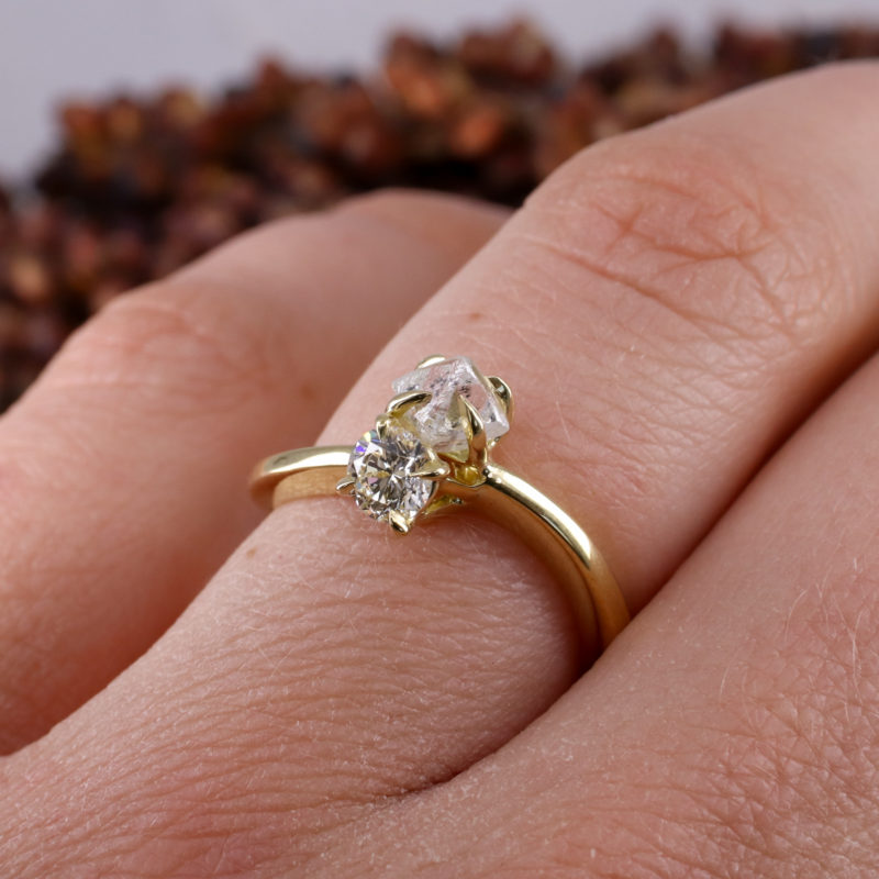 18ct yellow gold rough and cut white diamond toi et moi ring