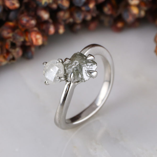 Platinum rough and cut diamond Toi et Moi engagement ring
